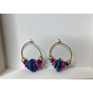 Handmade Beaded Hoop Earrings With Blue & Pink Wood Beads Gold Accents